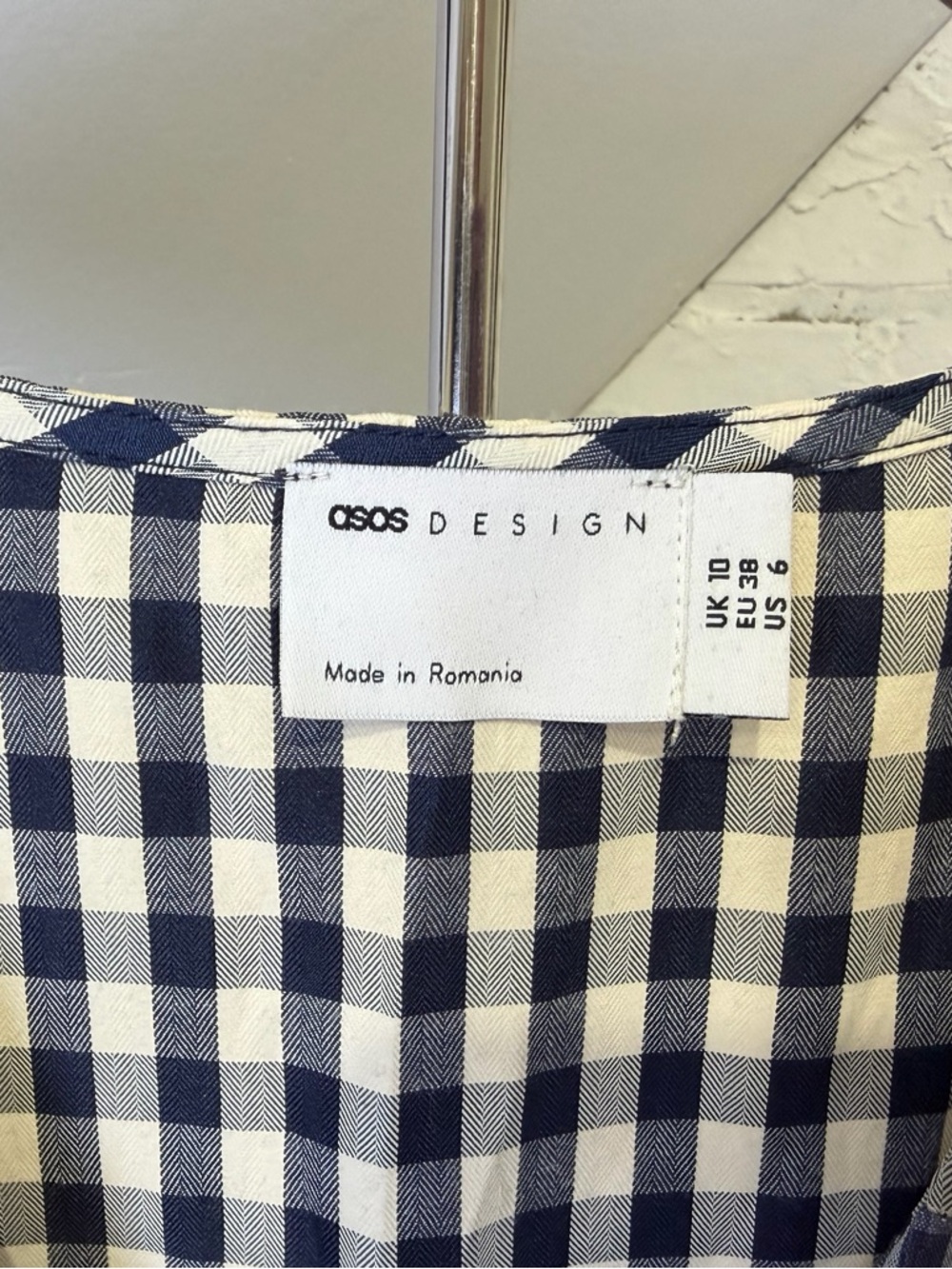 NWT ASOS Design Mixed Gingham Tiered Mini Dress Blue White V Neck Size 6 - Picture 6 of 9